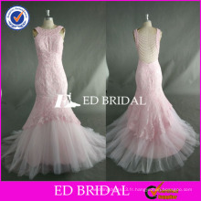 ED Bead Work Sans manches en dentelle Appliqued Chek Longueur Mermaid Pink Tulle Robe de bal